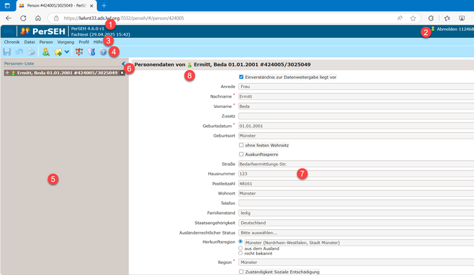 Der Screenshot zeigt den Überblick der Benutzeroberfläche in PerSEH.