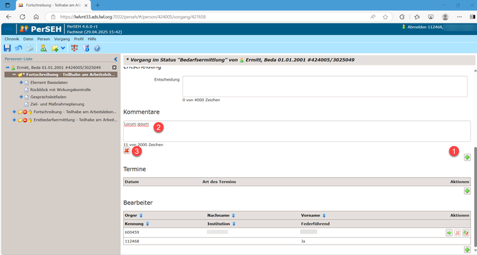 Der Screenshot zeigt die Kommentarfunktion in PerSEH.