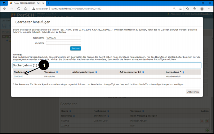 Screenshot der Maske "Bearbeiter hinzufügen" in PerSEH