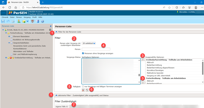 Der Screenshot zeigt die Filtermöglichkeiten der Personenliste in PerSEH.