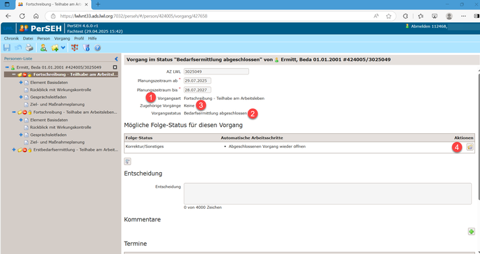 Der Screenshot zeigt Vorgangsarten und Vorgangsstatus in PerSEH.