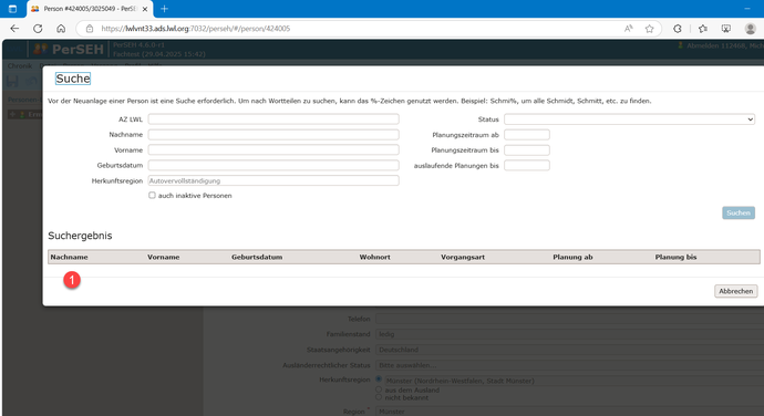Der Screenshot zeigt die Personensuche in PerSEH.