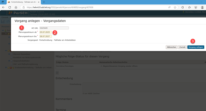 Der Screenshot zeigt den Planungszeitraum eines Vorgangs in PerSEH.