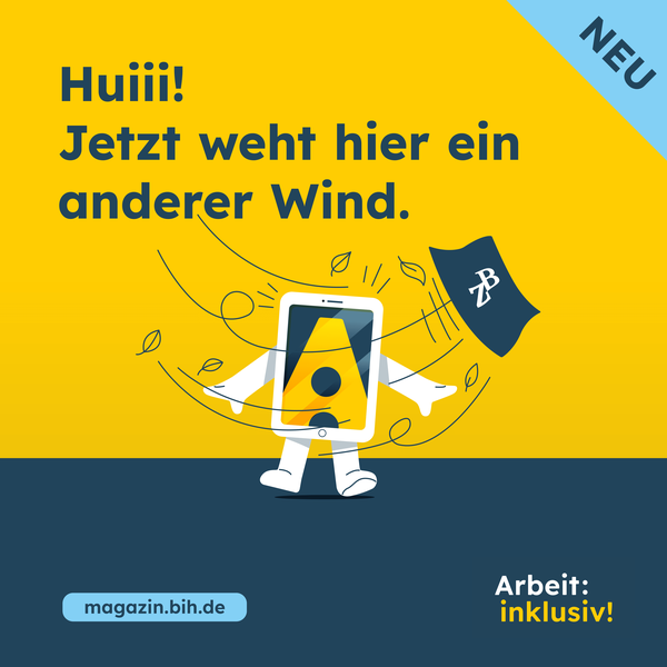 Farbiger Hintergrund, abgebildet ist ein Tablet und das alte ZB Magazin. Das Magazin wird symbolisch weggeweht und das Tablet bleibt stehen.