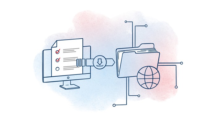 Illustration eines digitalen Aktenordners neben einem Computerbildschirm mit geöffnetem Dokument.