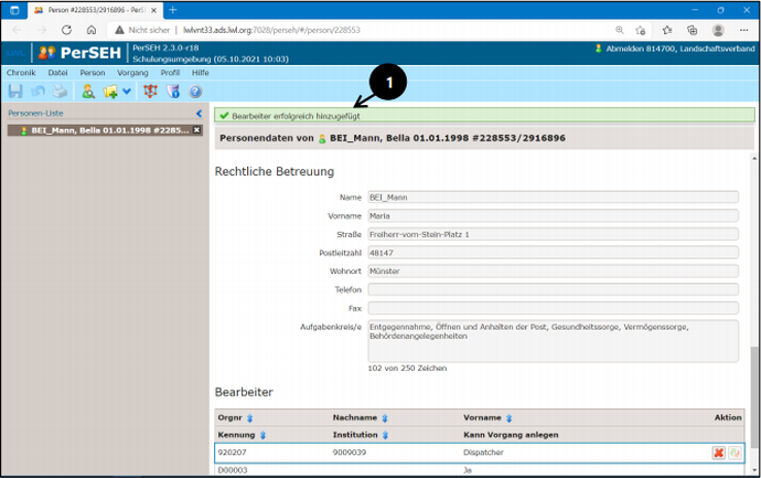 Screenshot der Meldungszeile "Bearbeiter erfolgreich hinzugefügt." in PerSEH