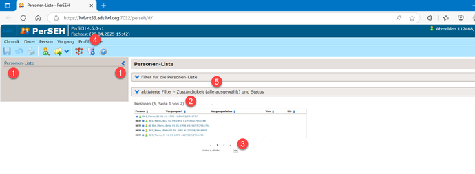 Der Screenshot zeigt die Personenliste in PerSEH.
