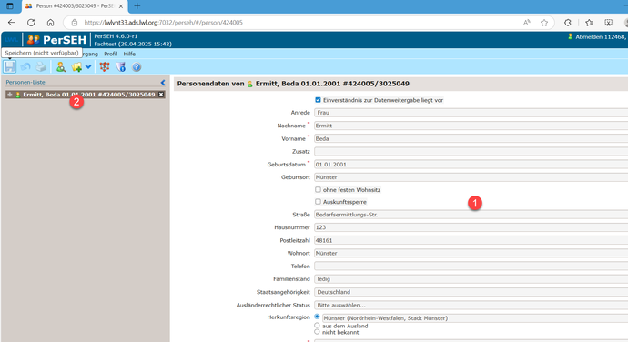 Der Screenshot zeigt Personenebene in PerSEH.