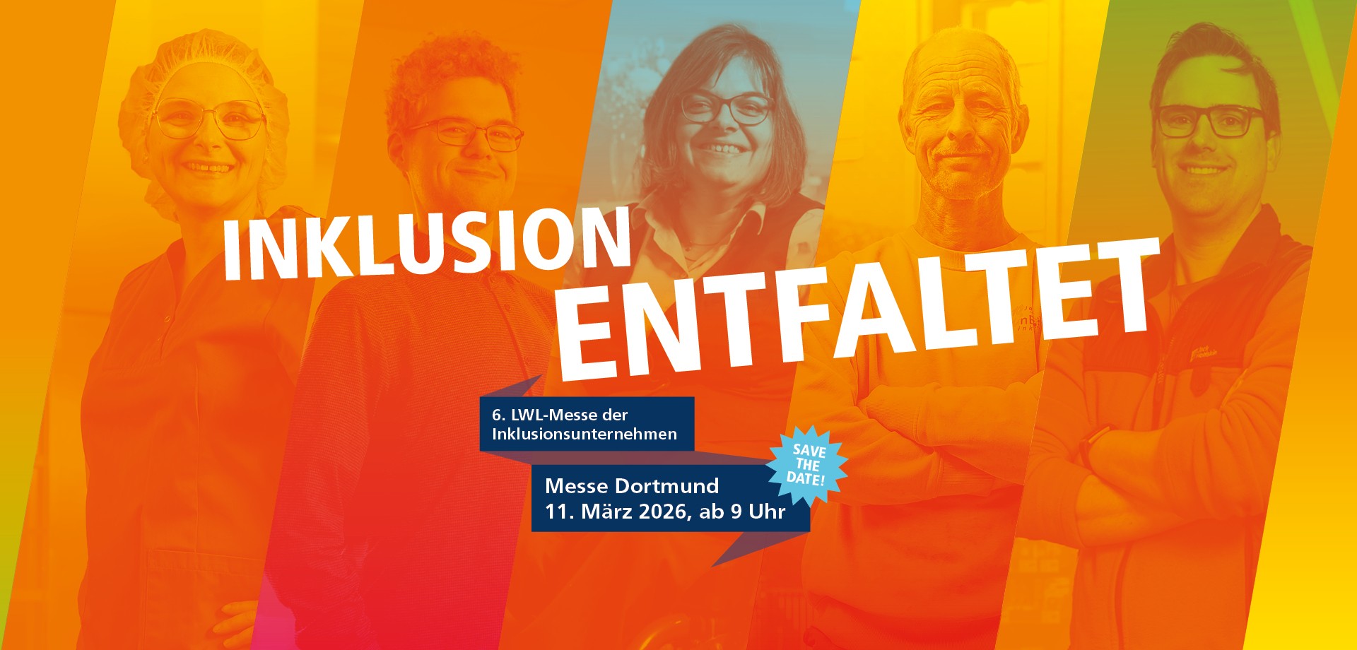 Werbeplakat der LWL-Messe mit 6 Personen auf orangenem Hintergrund.