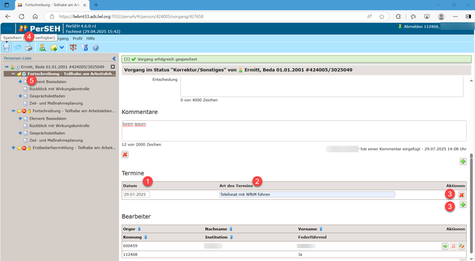 Der Screenshot zeigt die Terminfunktion in PerSEH.