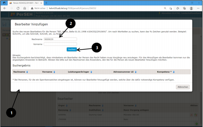 Screenshot der Maske "Bearbeiter hinzufügen" in PerSEH