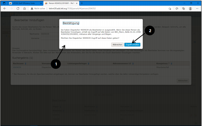 Screenshot der Maske "Bestätigung" für die Option "Bearbeiter hinzufügen" in PerSEH