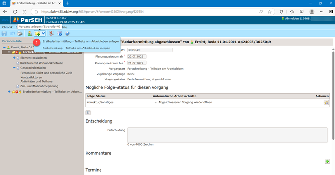 Der Screenshot zeigt die Vorgangsauswahl in PerSEH.
